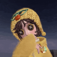 a cartoon girl wearing a yellow hat and glasses is covering her face with her hand .