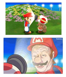 a cartoon of mario standing next to a toad and a cartoon of a man with a m on his hat