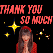 a woman is praying in front of a thank you so much message
