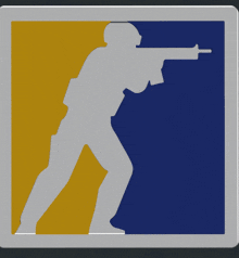 a blue and yellow sign with a silhouette of a soldier pointing a gun