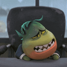 a cartoon character is sitting in a chair with a big mouth