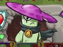 a cartoon character wearing a purple hat and a scarf