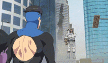 a cartoon of a man in a superhero costume walking down a street .