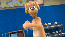 a cartoon dog with a blue collar stands in front of a blue wall