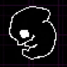 a pixel art of a skull with a white eye and bones on a black background .