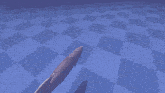 a blue checkered floor with a snake 's tail in the foreground