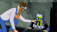 a cartoon of scooby doo talking to a minecraft character