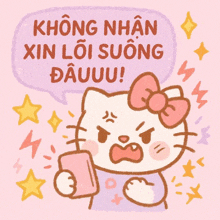 a cartoon drawing of hello kitty with a speech bubble that says không nhận xin lỗi sướng dauuuu