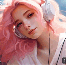 a girl with pink hair is wearing headphones and looking at the camera