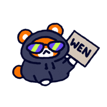 a cartoon bear is wearing sunglasses and holding a sign that says ween
