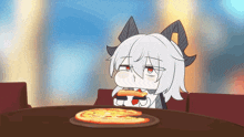 a cartoon character with horns is sitting at a table eating a pizza .
