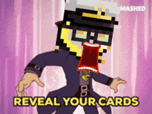 a cartoon character says " reveal your cards " in a purple background