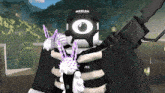 a skeleton wearing a roblox hat holds a gun