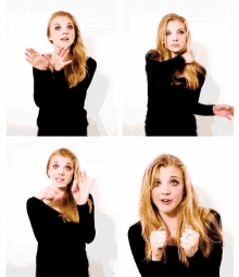 four pictures of a woman in a black shirt making different faces