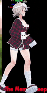 a girl in a plaid shirt and shorts is walking on a black background with the words " the memeeep " on the bottom