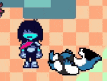 a pixel art drawing of a person standing next to another person laying on the floor .