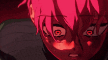 a close up of a person 's face with red eyes and pink hair .