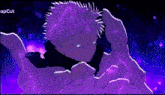 a drawing of a person with purple hair and blue eyes