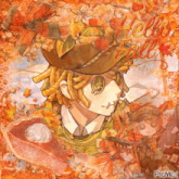 a drawing of a man with a hat and a pumpkin pie says hello fall