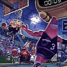 patrick star from spongebob squarepants is playing basketball on a court with other cartoon characters .