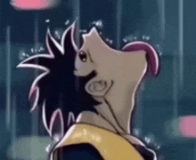 a close up of a cartoon character sticking his tongue out .