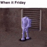a purple robot with a headless body is walking on the ground .