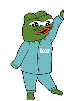 a cartoon frog wearing a blue shirt that says doost