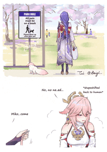 a cartoon of a woman walking a dog in a park