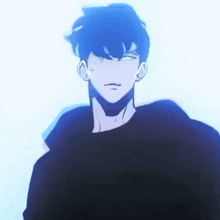 a man with blue hair and a black shirt is standing in front of a blue background .