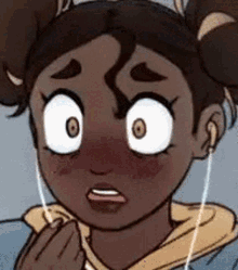 a close up of a cartoon girl wearing headphones and making a funny face .