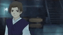 a man in a purple vest is standing in front of a man in a red robe holding two swords .