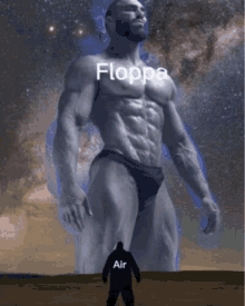 a man standing in front of a giant bodybuilder with the word floppa on it