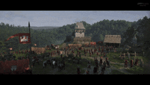 a large group of people are gathered in front of a castle with a banner that says ' king ' on it