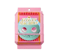 a pink box of elegant macaron with a blue monster on it