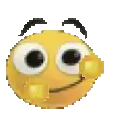 a pixelated smiley face with big eyes and a mustache is smiling .