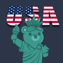 a teddy bear is holding a torch in front of a usa flag