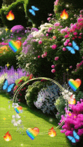 a garden with flowers and butterflies and a rainbow heart
