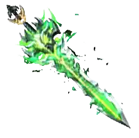a sword with a green blade and a gold handle