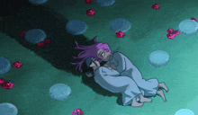 a couple of cartoon characters laying on the ground with flowers around them