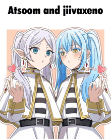 a couple of anime girls standing next to each other with the words atsoom and jiivaxeno below them