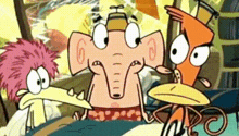 three cartoon characters are standing next to each other on a bed .