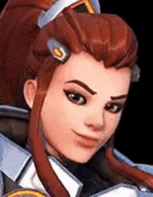a close up of a woman 's face with a ponytail and a sword in her hair .