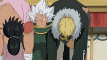a group of cartoon characters are standing next to each other and one of them has a bandaged arm