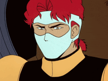 a cartoon character with red hair wearing a white mask