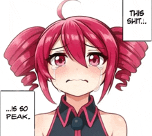 a girl with red hair is crying with the words " this shit " behind her