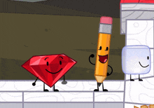 a cartoon drawing of a diamond a pencil and an ice cube with faces