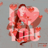 a woman is surrounded by red hearts and the word you is surrounded by red hearts