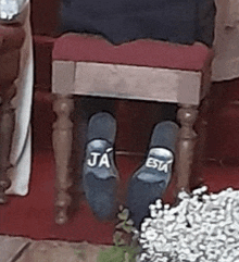 a person wearing a pair of slippers that say ja and est