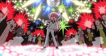 a girl with pink hair is standing in front of a disco ball