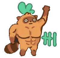 a cartoon drawing of a raccoon with muscles and a green plant on its head
